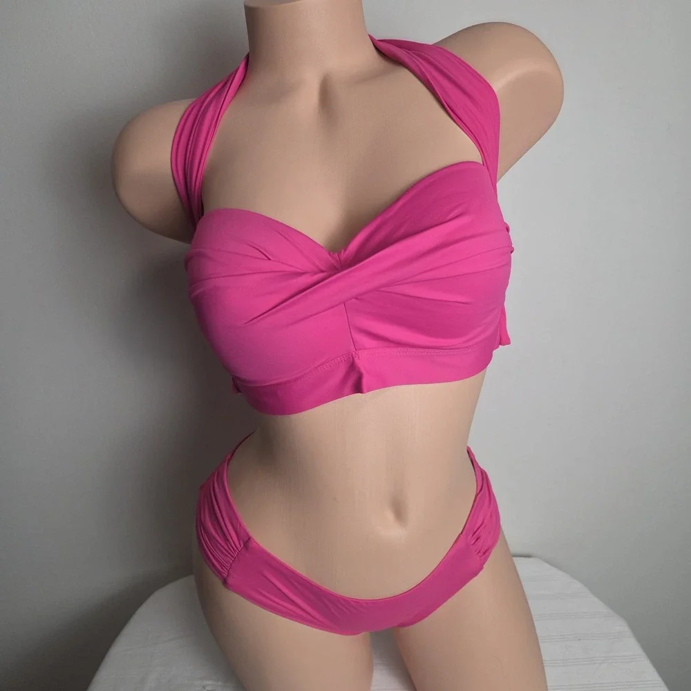 Cosabella Curvy Pink Convertible Halter Bandeau Bikini Set Ruched‎ Bottoms